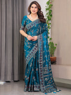 Elegant Teal Blue Fendi Satin Block & Foil Print Saree with Floral Motifs, Attached Blouse & Tassel Pallu