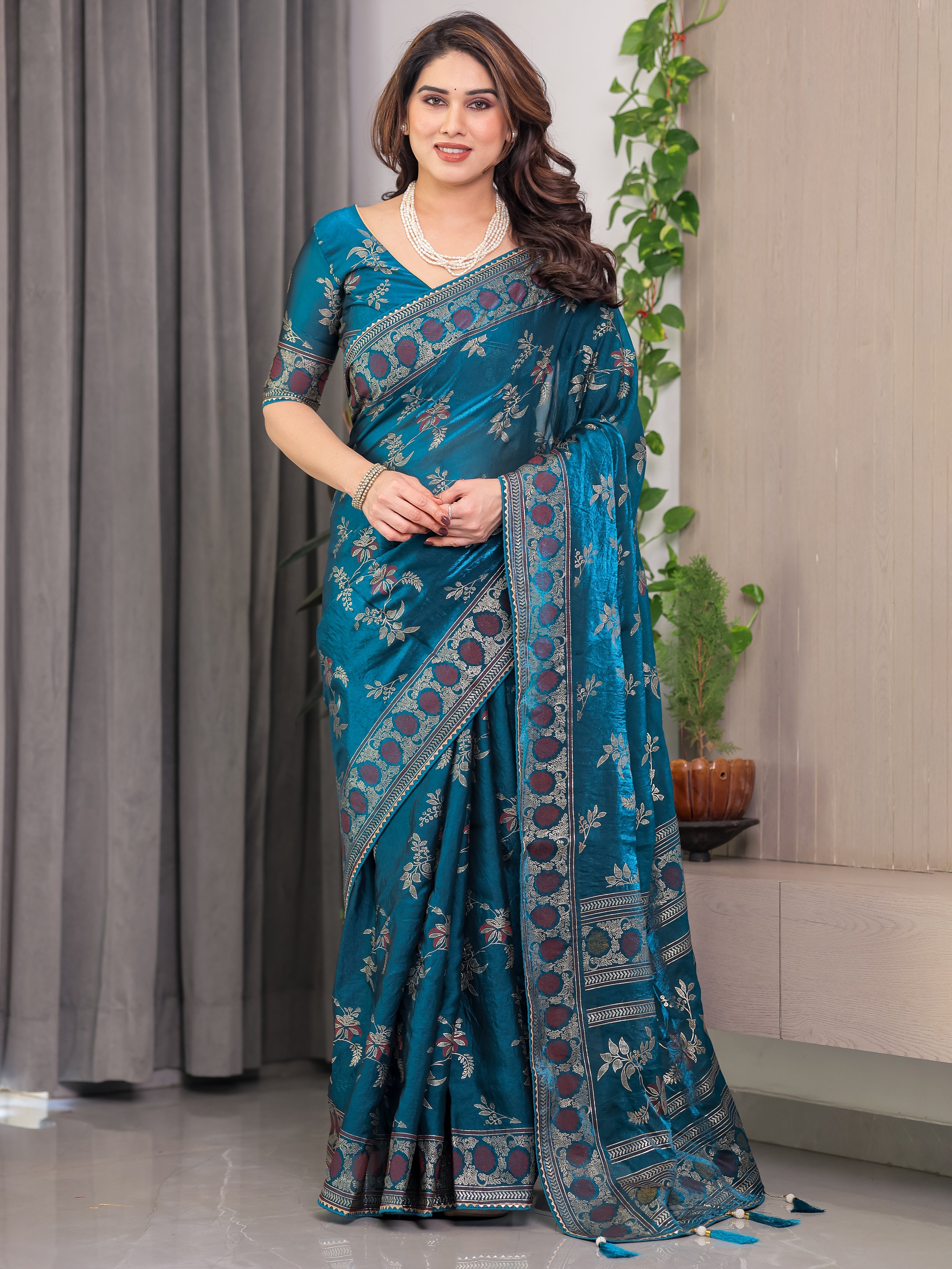 Elegant Teal Blue Fendi Satin Block & Foil Print Saree with Floral Motifs, Attached Blouse & Tassel Pallu