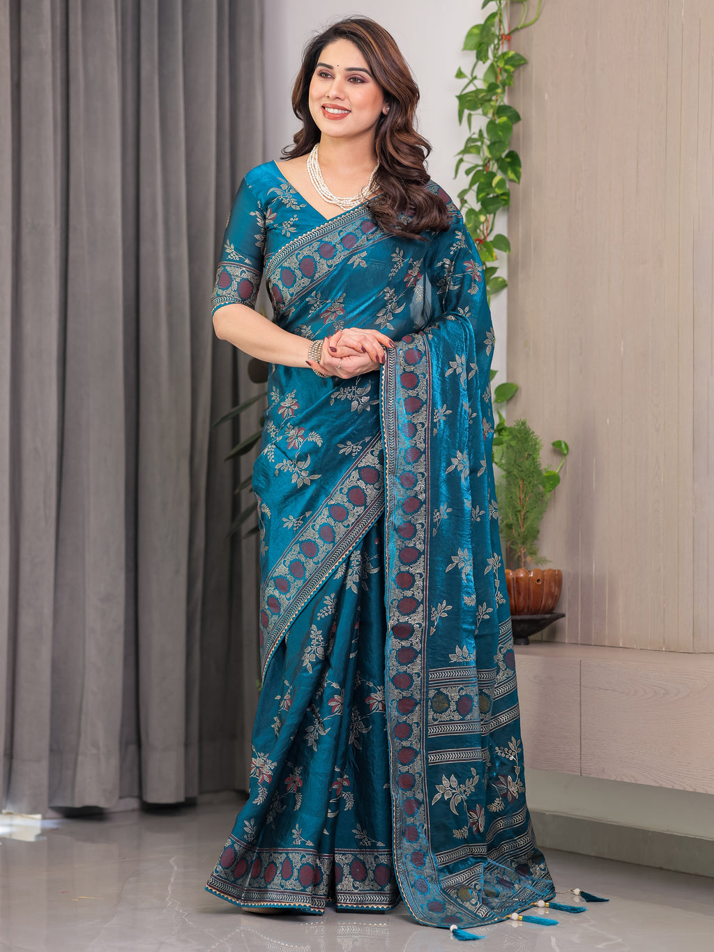 Elegant Teal Blue Fendi Satin Block & Foil Print Saree with Floral Motifs, Attached Blouse & Tassel Pallu