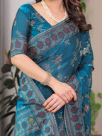 Elegant Teal Blue Fendi Satin Block & Foil Print Saree with Floral Motifs, Attached Blouse & Tassel Pallu