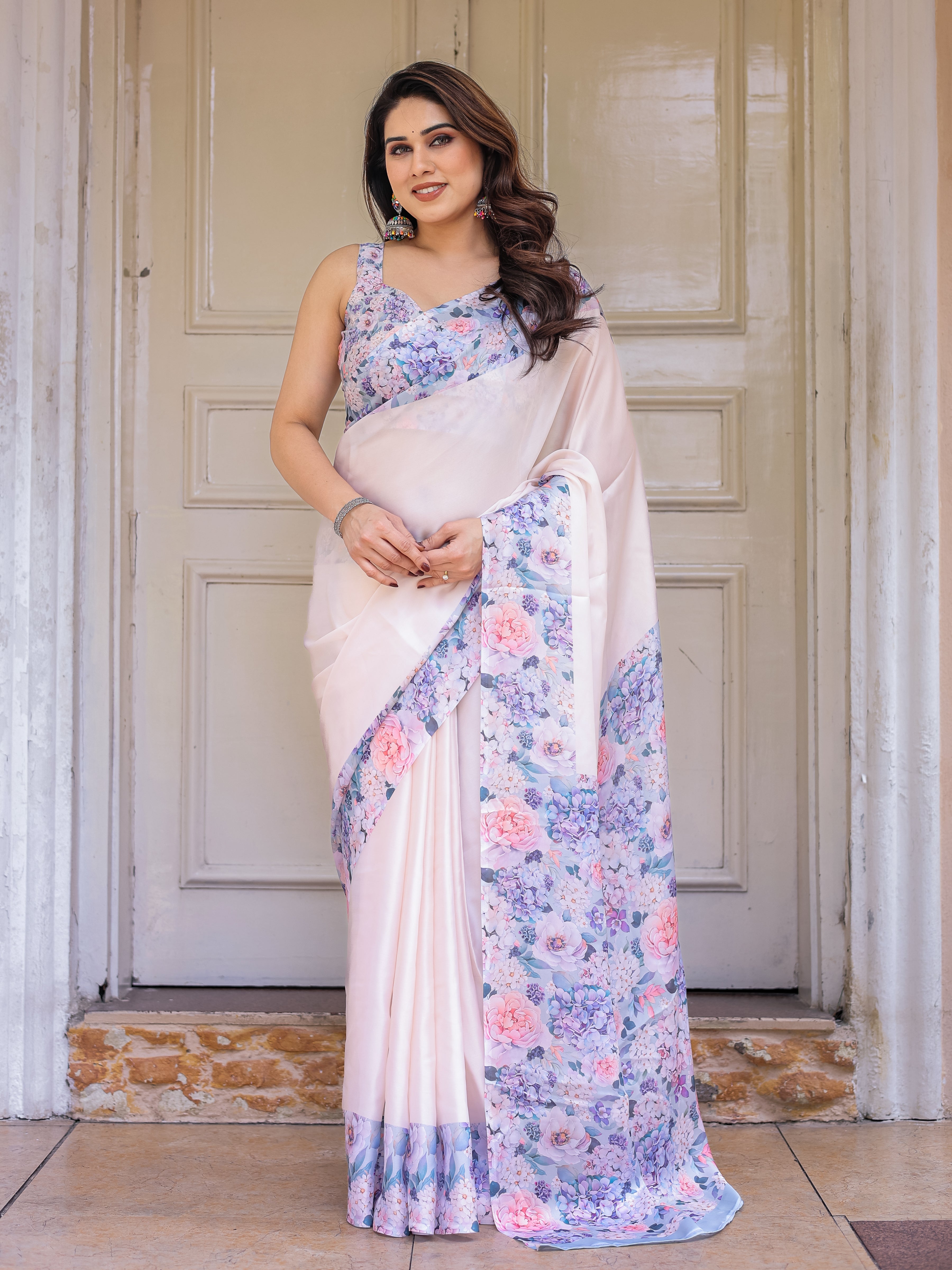 Blush Pink Floral Printed Satin Georgette Saree with Matching Blouse – Soft Elegant Festive & Party Wear