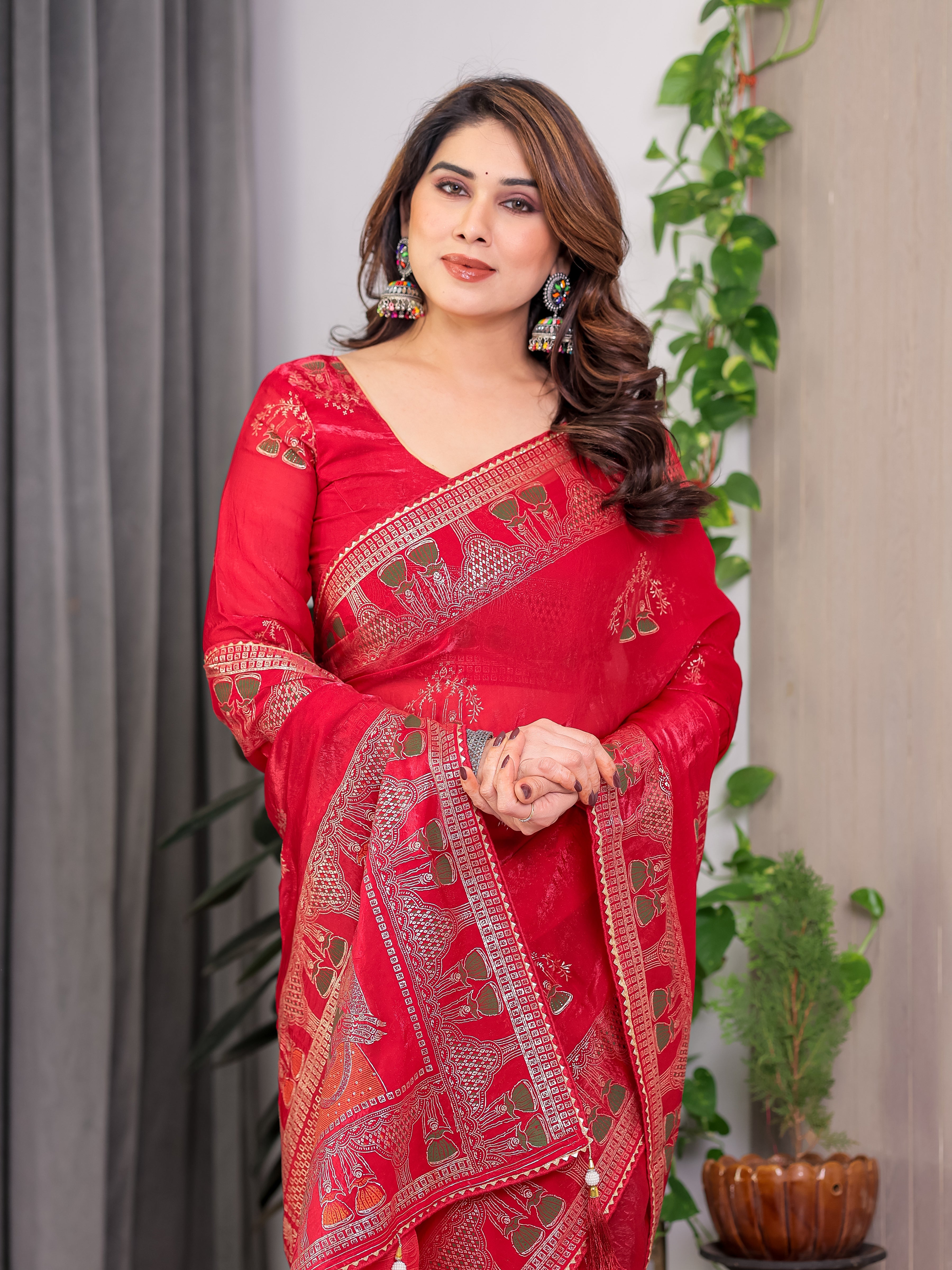 Crimson Red Fendi Satin Block & Foil Print Saree with Traditional Motif Border & Tassel Finish Blouse