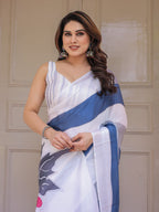 White & Steel Blue Abstract Floral Printed Satin Georgette Saree with Matching Blouse – Modern Party & Evening Wear