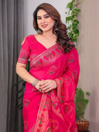 Rani Pink Fendi Satin Block & Foil Print Saree with Traditional Motif Border & Tassel Detail Blouse