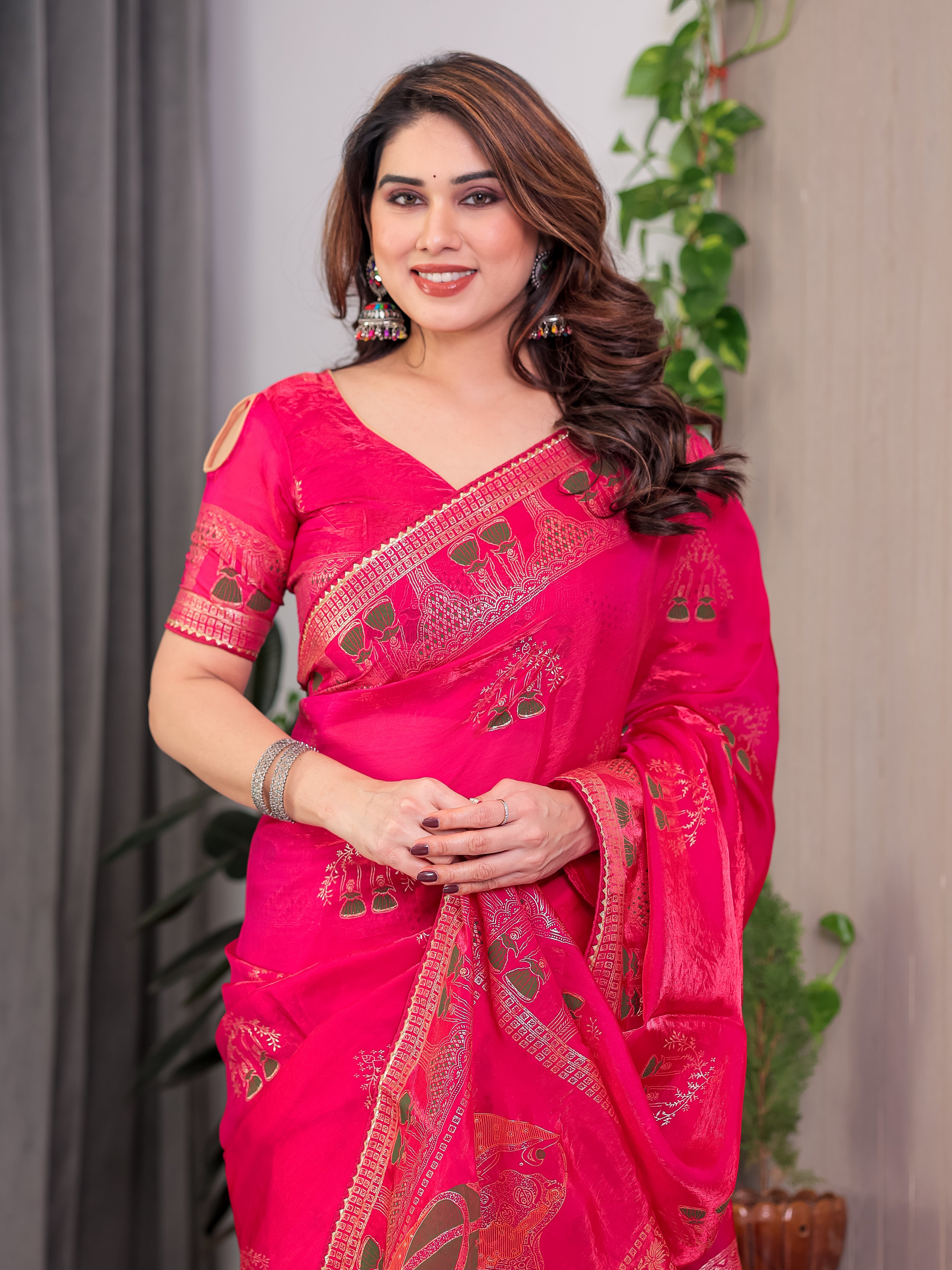 Rani Pink Fendi Satin Block & Foil Print Saree with Traditional Motif Border & Tassel Detail Blouse