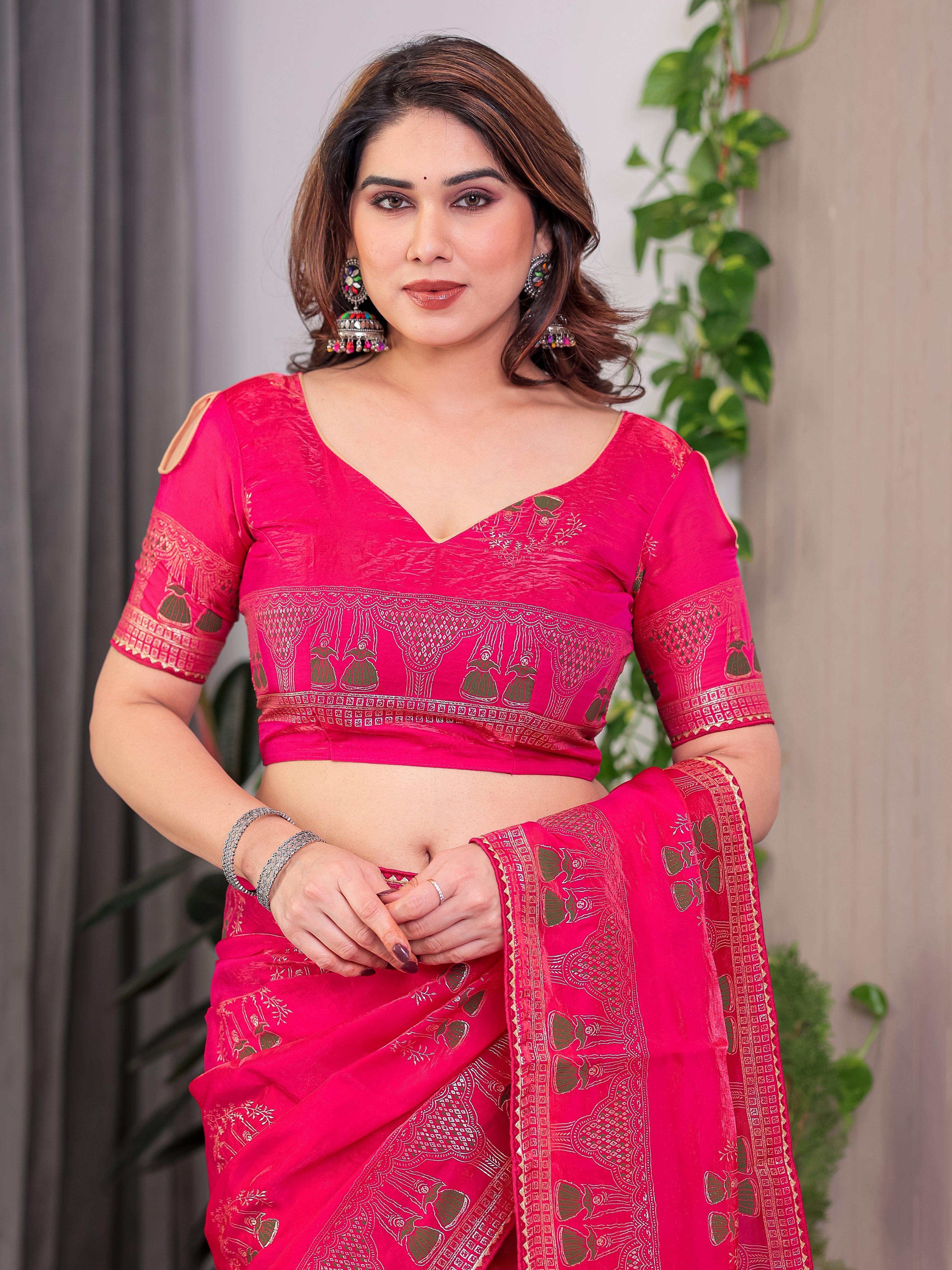 Rani Pink Fendi Satin Block & Foil Print Saree with Traditional Motif Border & Tassel Detail Blouse