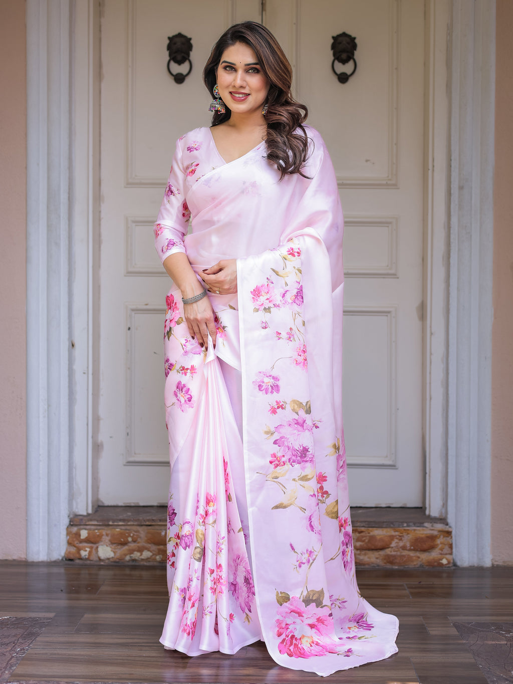 Baby Pink Floral Printed Satin Georgette Saree with Matching Blouse – Soft Romantic Party & Day Wear