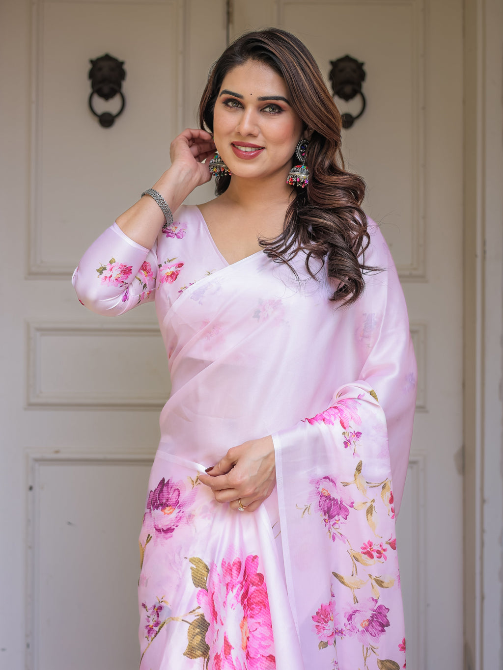 Baby Pink Floral Printed Satin Georgette Saree with Matching Blouse – Soft Romantic Party & Day Wear