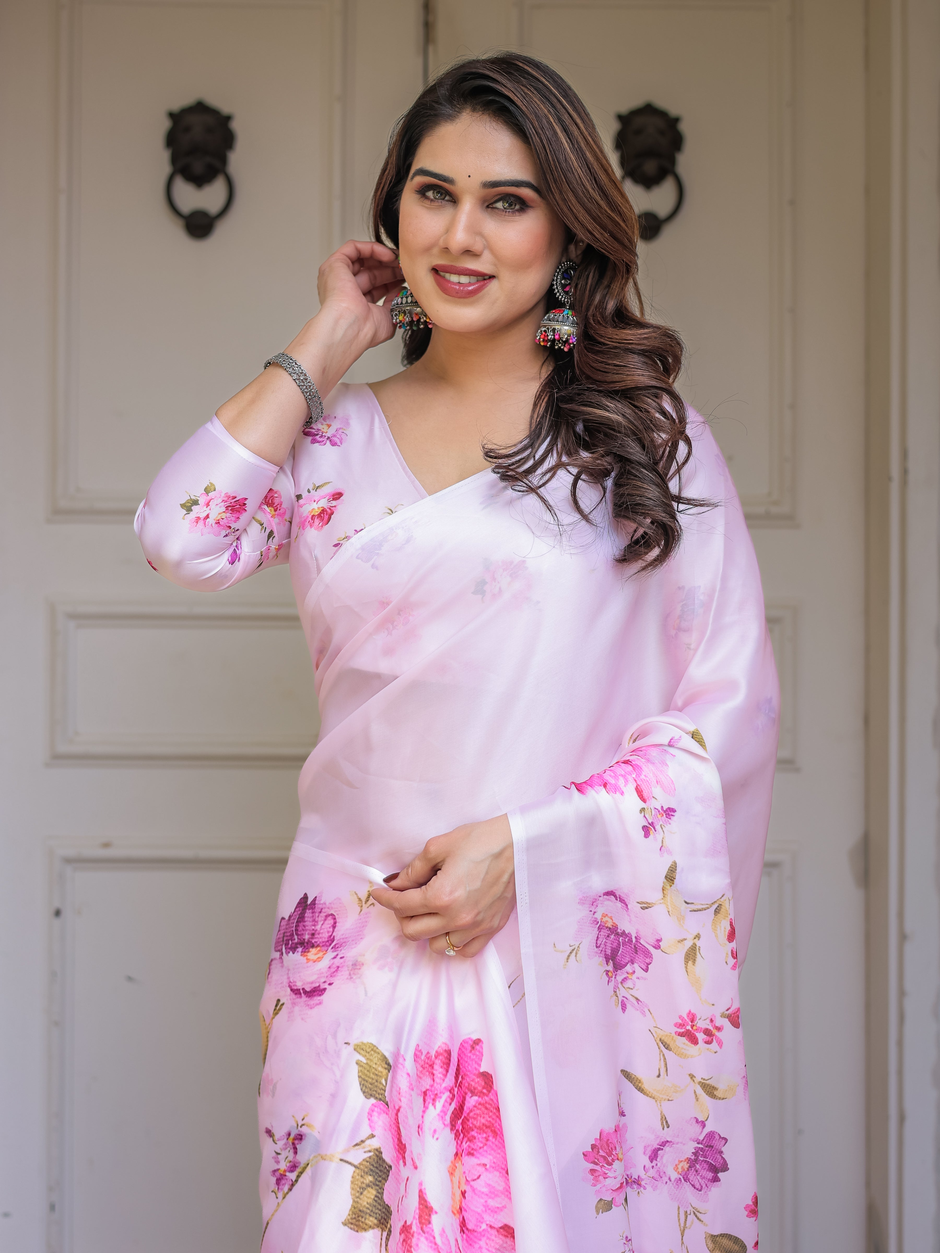 Baby Pink Floral Printed Satin Georgette Saree with Matching Blouse – Soft Romantic Party & Day Wear