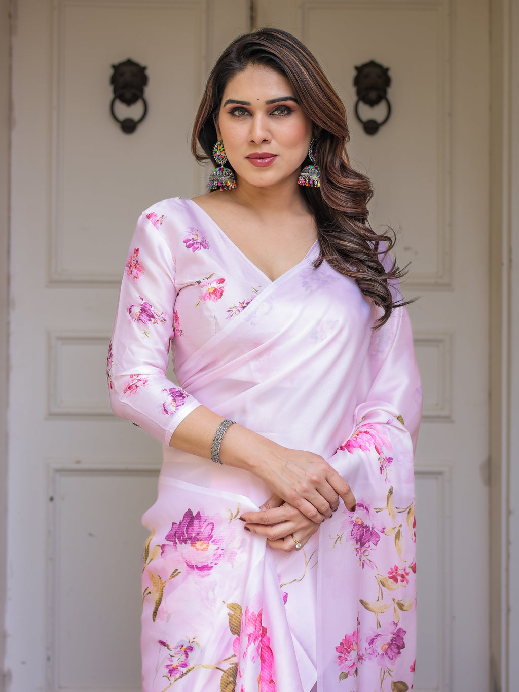 Baby Pink Floral Printed Satin Georgette Saree with Matching Blouse – Soft Romantic Party & Day Wear