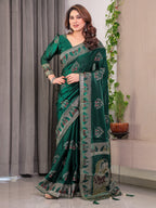 Emerald Green Fendi Satin Block & Foil Print Saree with Heritage Motif Border & Tassel Detail Blouse