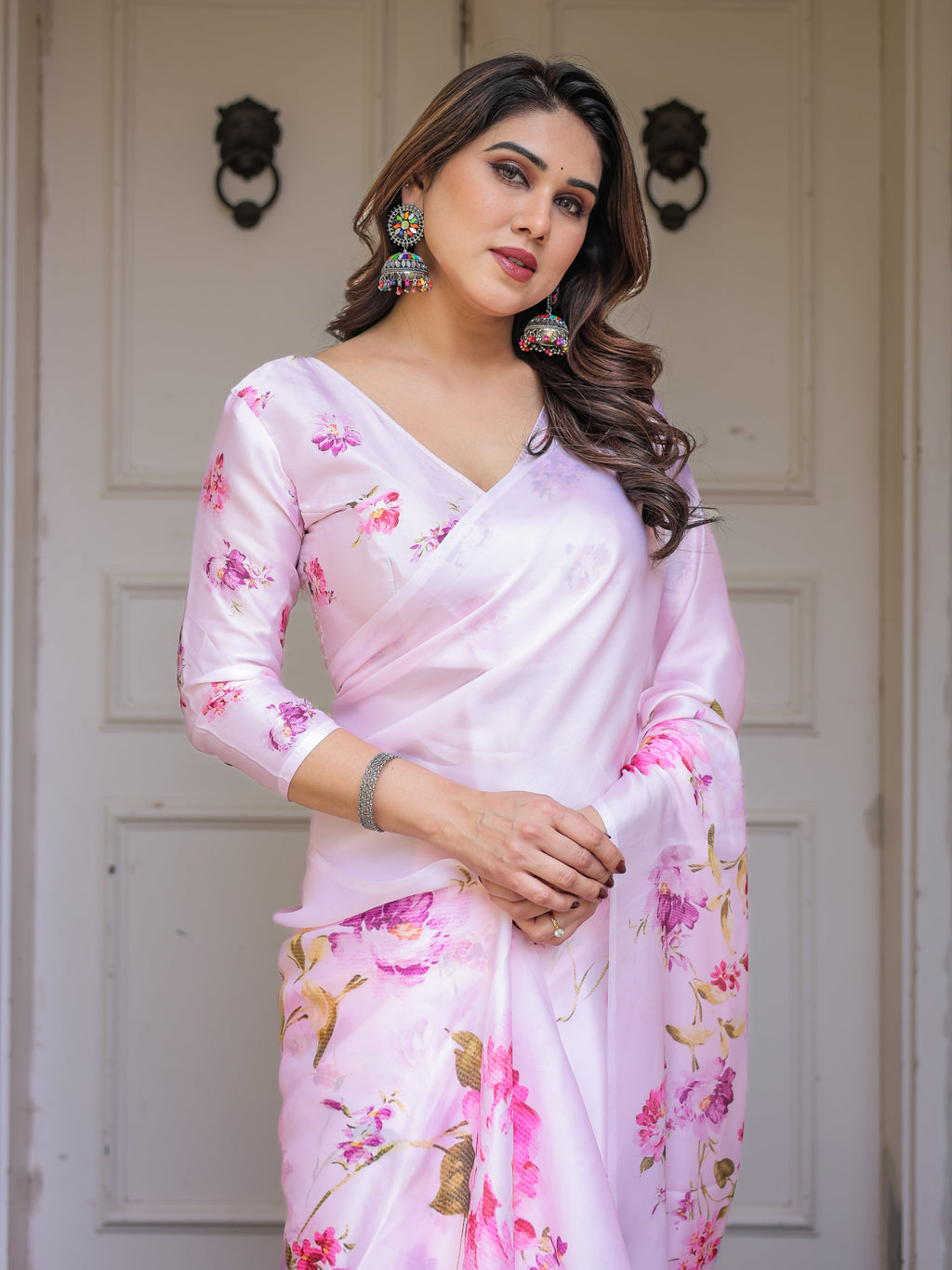 Baby Pink Floral Printed Satin Georgette Saree with Matching Blouse – Soft Romantic Party & Day Wear