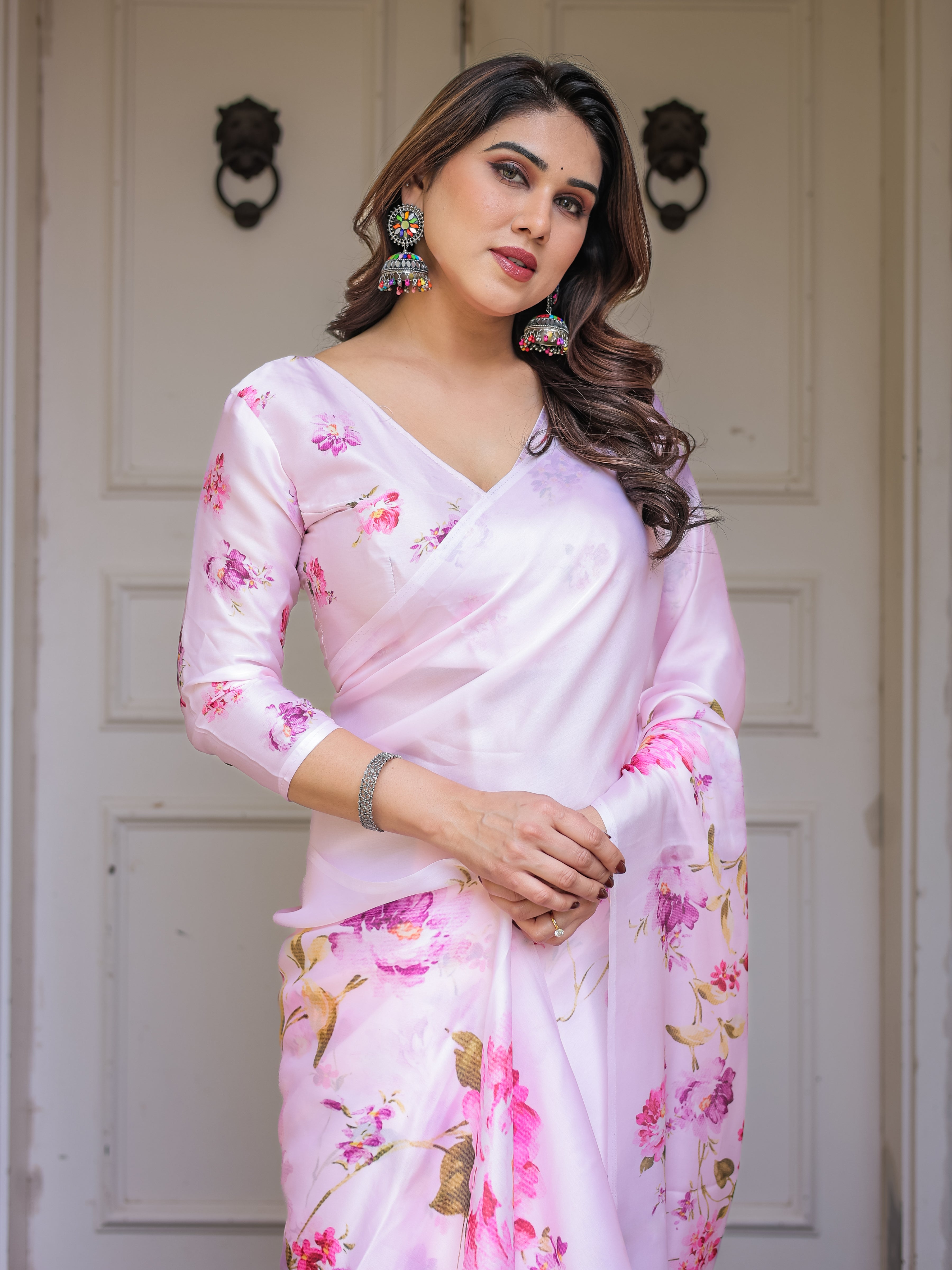 Baby Pink Floral Printed Satin Georgette Saree with Matching Blouse – Soft Romantic Party & Day Wear