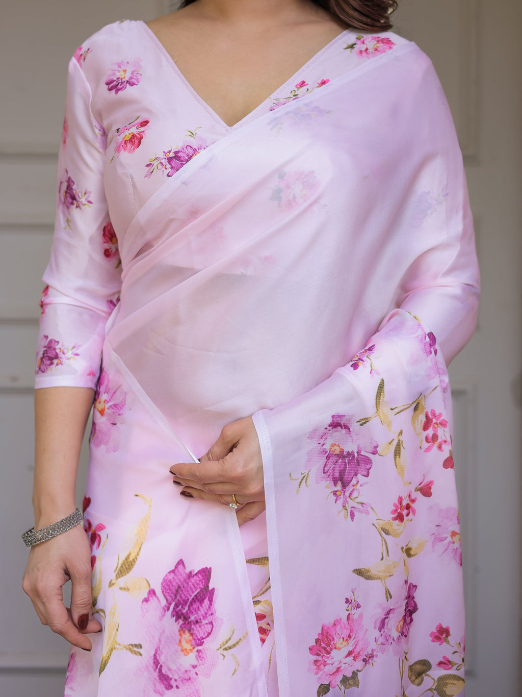 Baby Pink Floral Printed Satin Georgette Saree with Matching Blouse – Soft Romantic Party & Day Wear