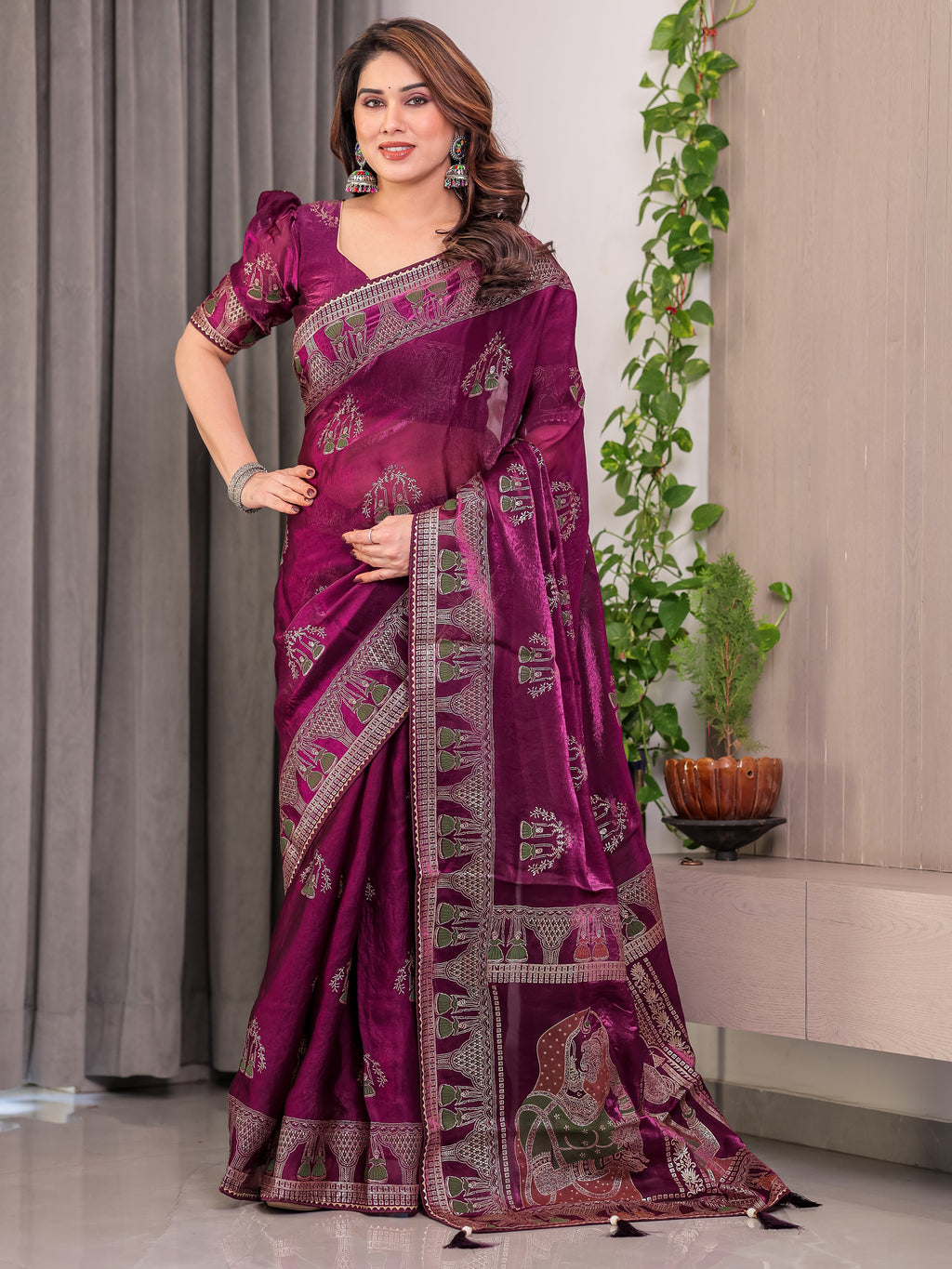 Wine Plum Fendi Satin Block & Foil Print Saree with Traditional Motif Border & Tassel Detail Blouse
