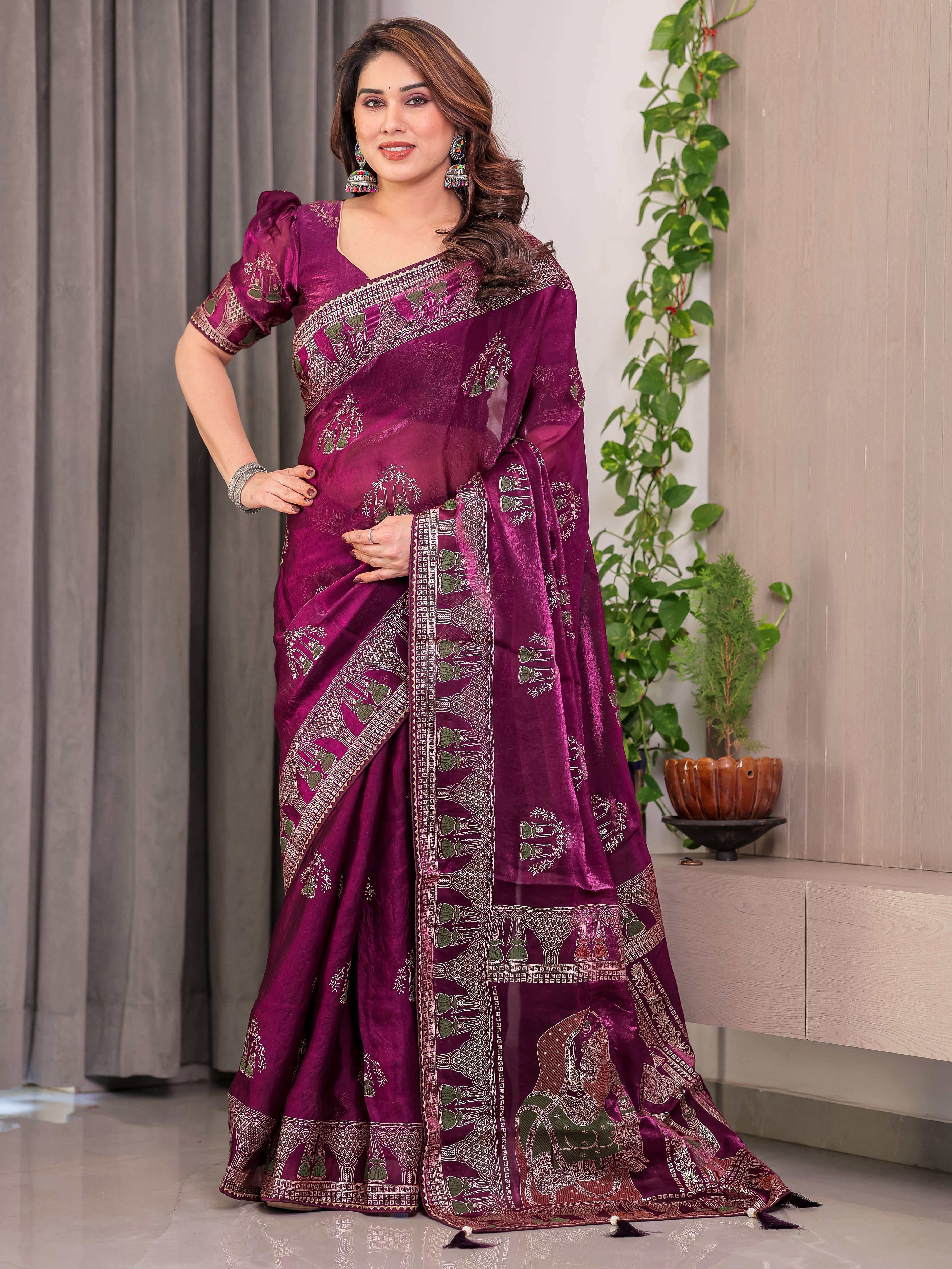 Wine Plum Fendi Satin Block & Foil Print Saree with Traditional Motif Border & Tassel Detail Blouse