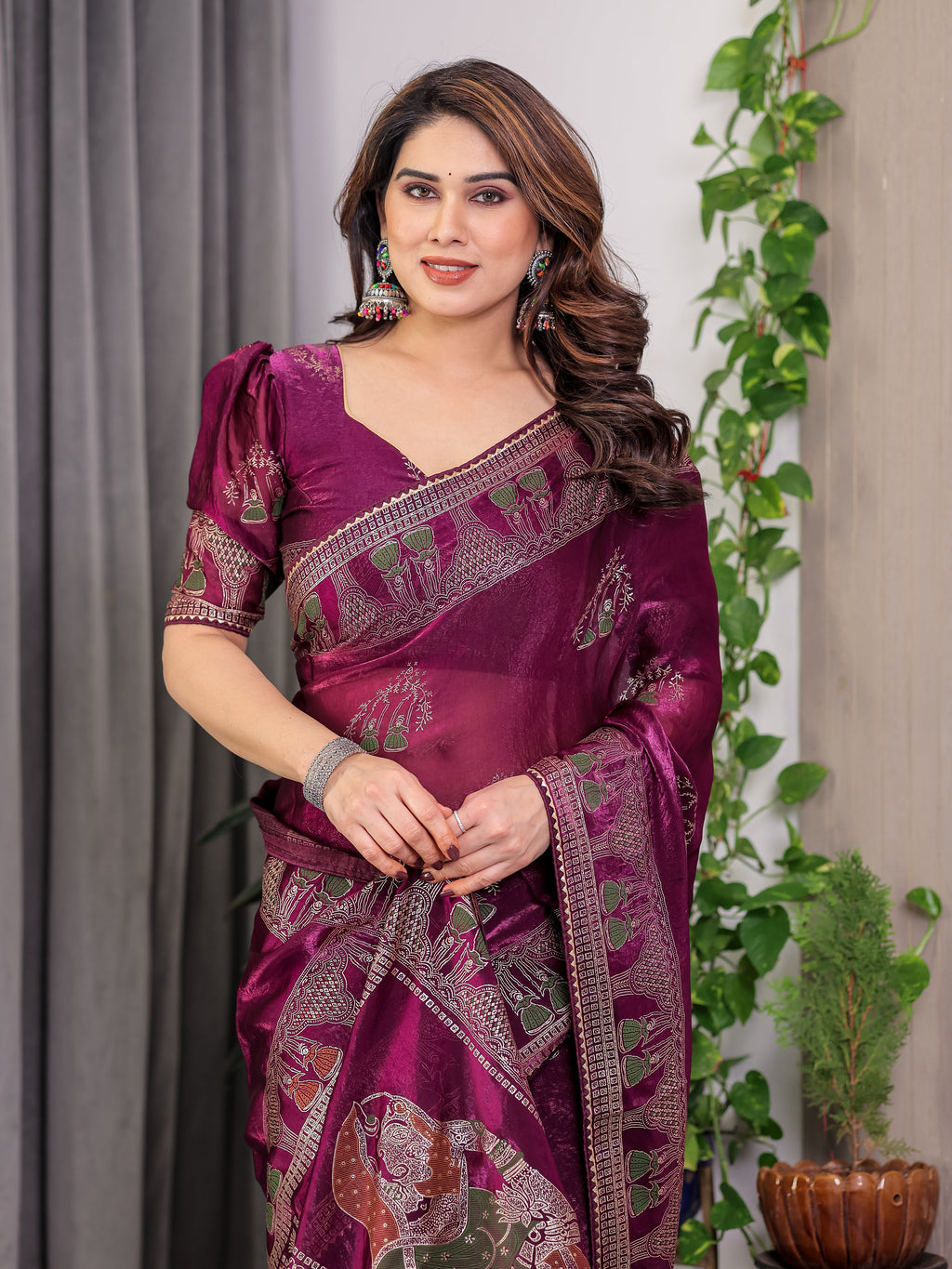 Wine Plum Fendi Satin Block & Foil Print Saree with Traditional Motif Border & Tassel Detail Blouse