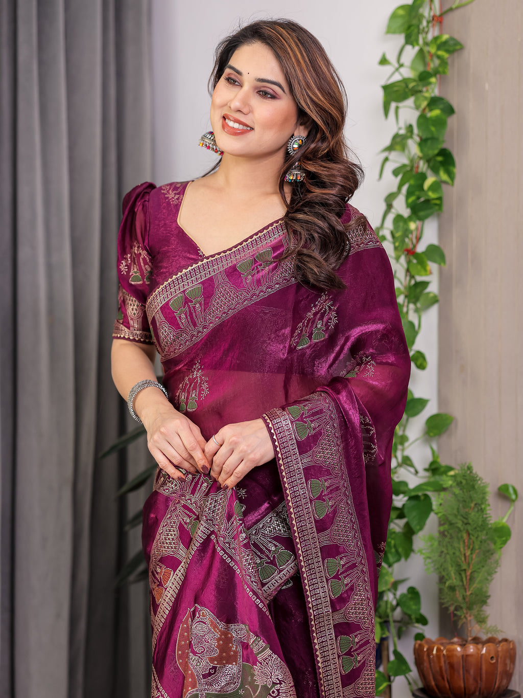 Wine Plum Fendi Satin Block & Foil Print Saree with Traditional Motif Border & Tassel Detail Blouse