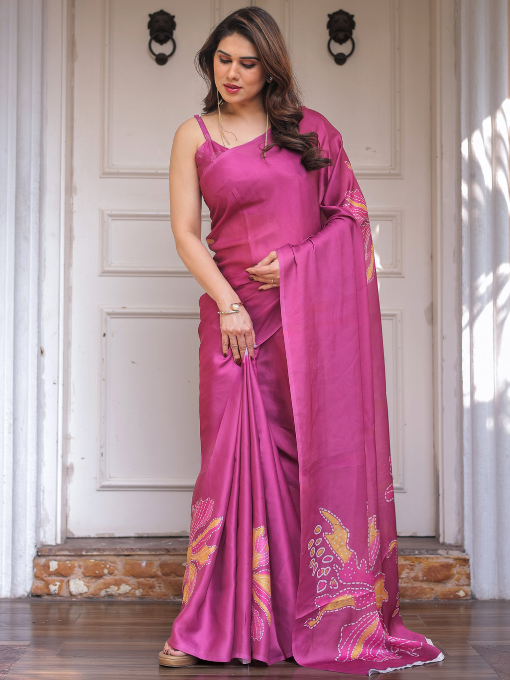Rani Pink Floral Artistic Satin Georgette Saree with Contrast Placement Print & Unstitched Blouse – Festive & Party Wear