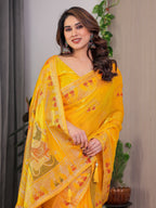 Mustard Yellow Fendi Satin Block & Foil Print Saree with Traditional Motif Border & Tassel Detail Blouse