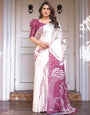Ivory White & Wine Folk Art Printed Satin Georgette Saree with Tribal Border & Unstitched Blouse – Festive & Ethnic Wear