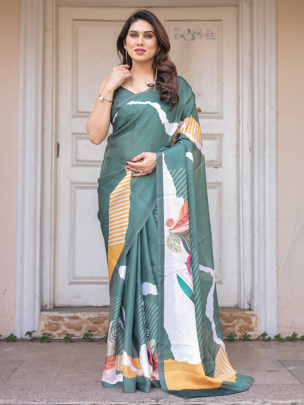 Bottle Green Abstract Printed Satin Georgette Saree with Designer Border & Unstitched Blouse – Modern Party & Office Wear