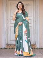 Bottle Green Abstract Printed Satin Georgette Saree with Designer Border & Unstitched Blouse – Modern Party & Office Wear