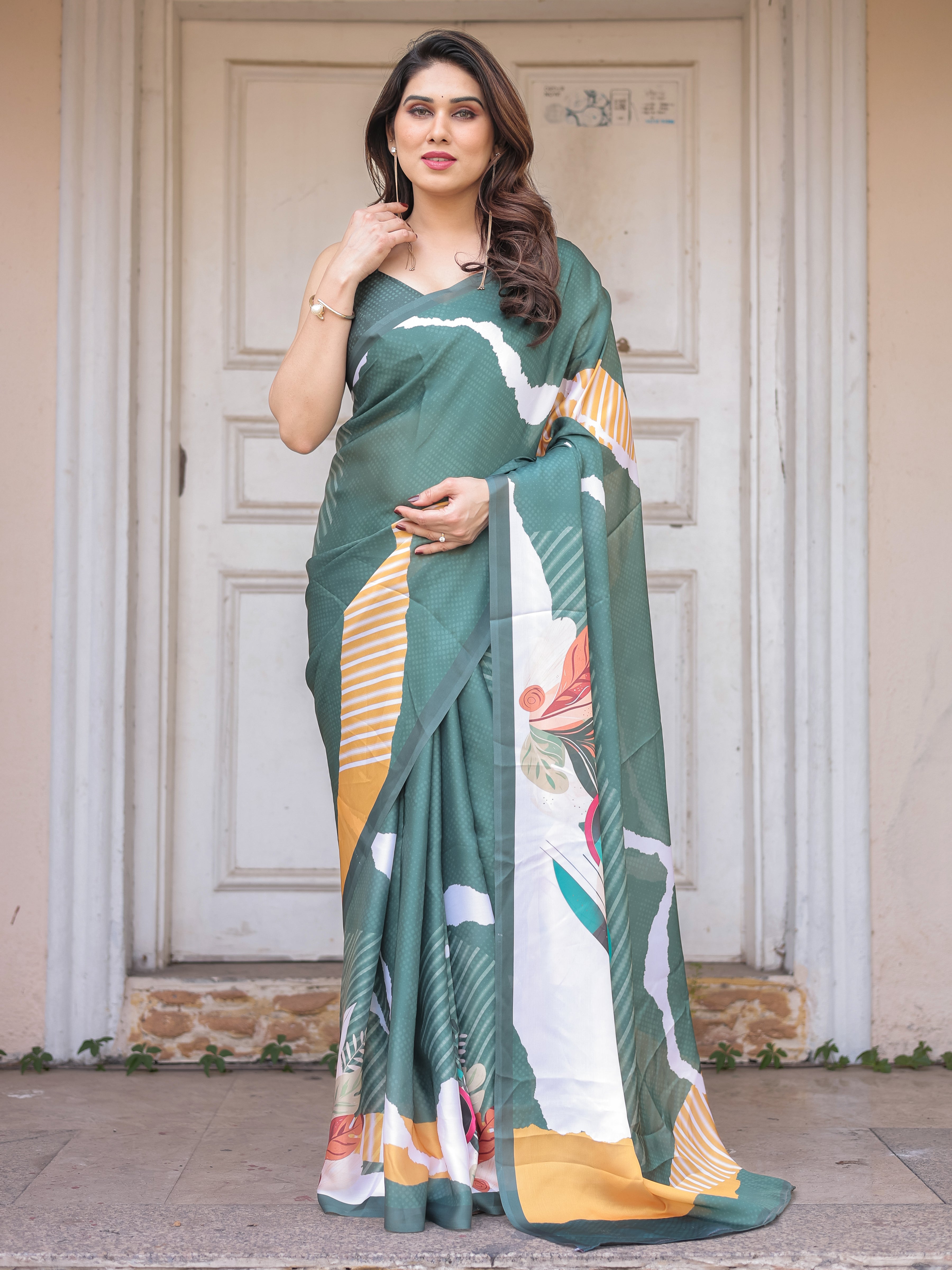 Bottle Green Abstract Printed Satin Georgette Saree with Designer Border & Unstitched Blouse – Modern Party & Office Wear