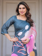 Slate Grey & Pink Abstract Designer Satin Georgette Saree with Artistic Pallu & Unstitched Blouse – Modern Party Wear