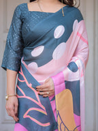 Slate Grey & Pink Abstract Designer Satin Georgette Saree with Artistic Pallu & Unstitched Blouse – Modern Party Wear