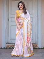 Ivory White Botanical Printed Satin Georgette Saree with Mustard Border & Unstitched Blouse – Elegant Festive & Day Wear