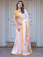 Ivory White Botanical Printed Satin Georgette Saree with Mustard Border & Unstitched Blouse – Elegant Festive & Day Wear