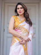 Ivory White Botanical Printed Satin Georgette Saree with Mustard Border & Unstitched Blouse – Elegant Festive & Day Wear