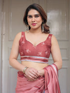 Coral Peach Minimal Floral Satin Georgette Saree with Soft Border & Unstitched Blouse – Elegant Day & Occasion Wear