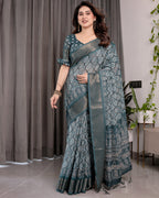 Teal Blue Pure Handloom Linen Saree with Ethnic Mandala Prints & Zari Border | Rich Pallu with Tassels | 5.5m Saree + 0.8m Blouse