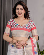Off-White Handloom Linen Saree with Multicolor Checkered Pallu & Red-Gold Zari Border | Festive Tassel Finish | Attached Blouse | 5.5m Saree + 0.8m Blouse
