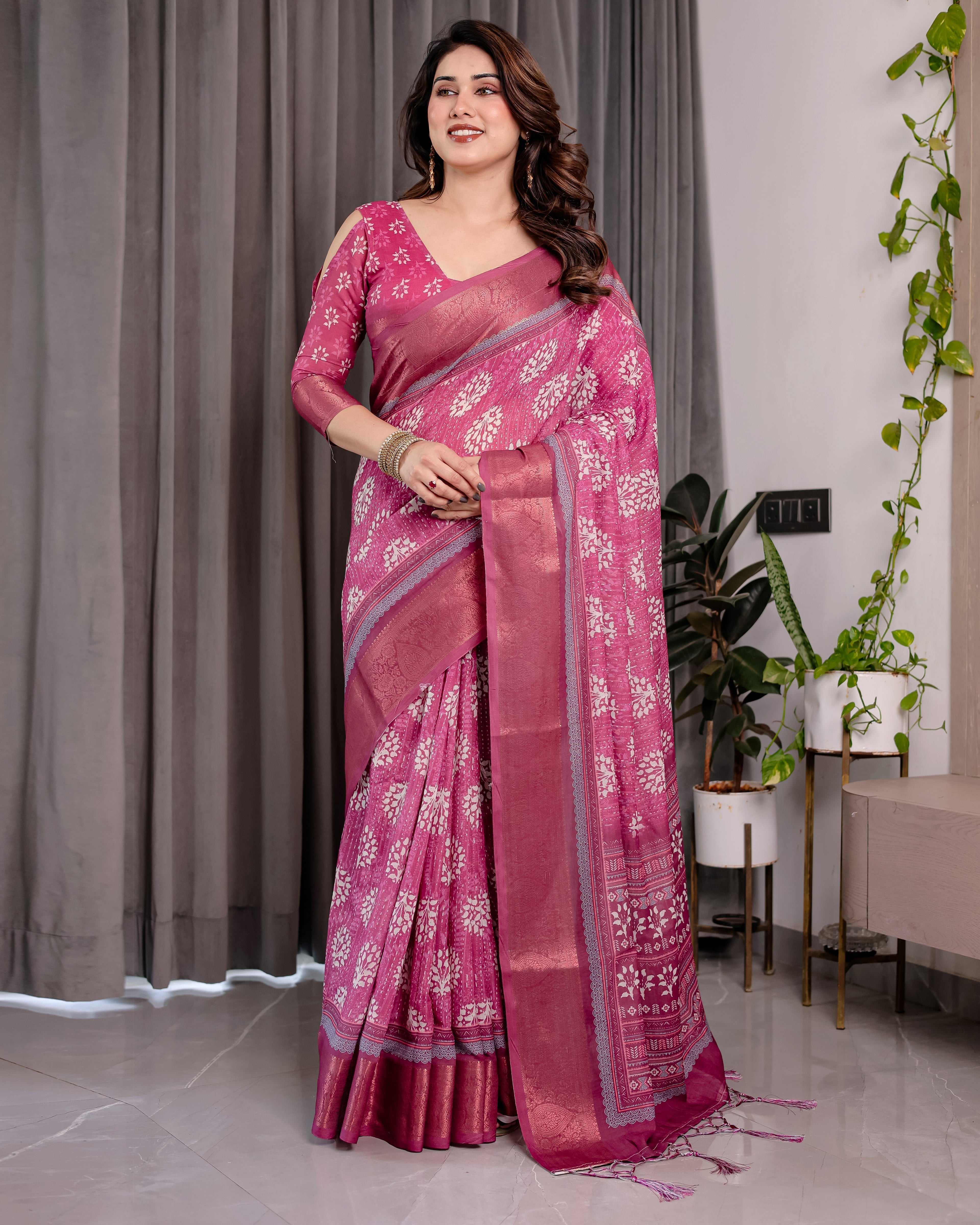 Rani Pink Pure Handloom Linen Saree with White Floral Print & Dual Zari Border | Elegant Tassel Finish | 5.5m Saree + 0.8m Blouse