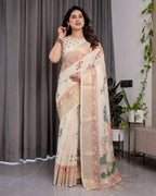 Ivory Cream Pure Handloom Linen Saree with Peach Floral Print & Zari Border | Artistic Garden Pallu & Tassels | 5.5m Saree + 0.8m Blouse
