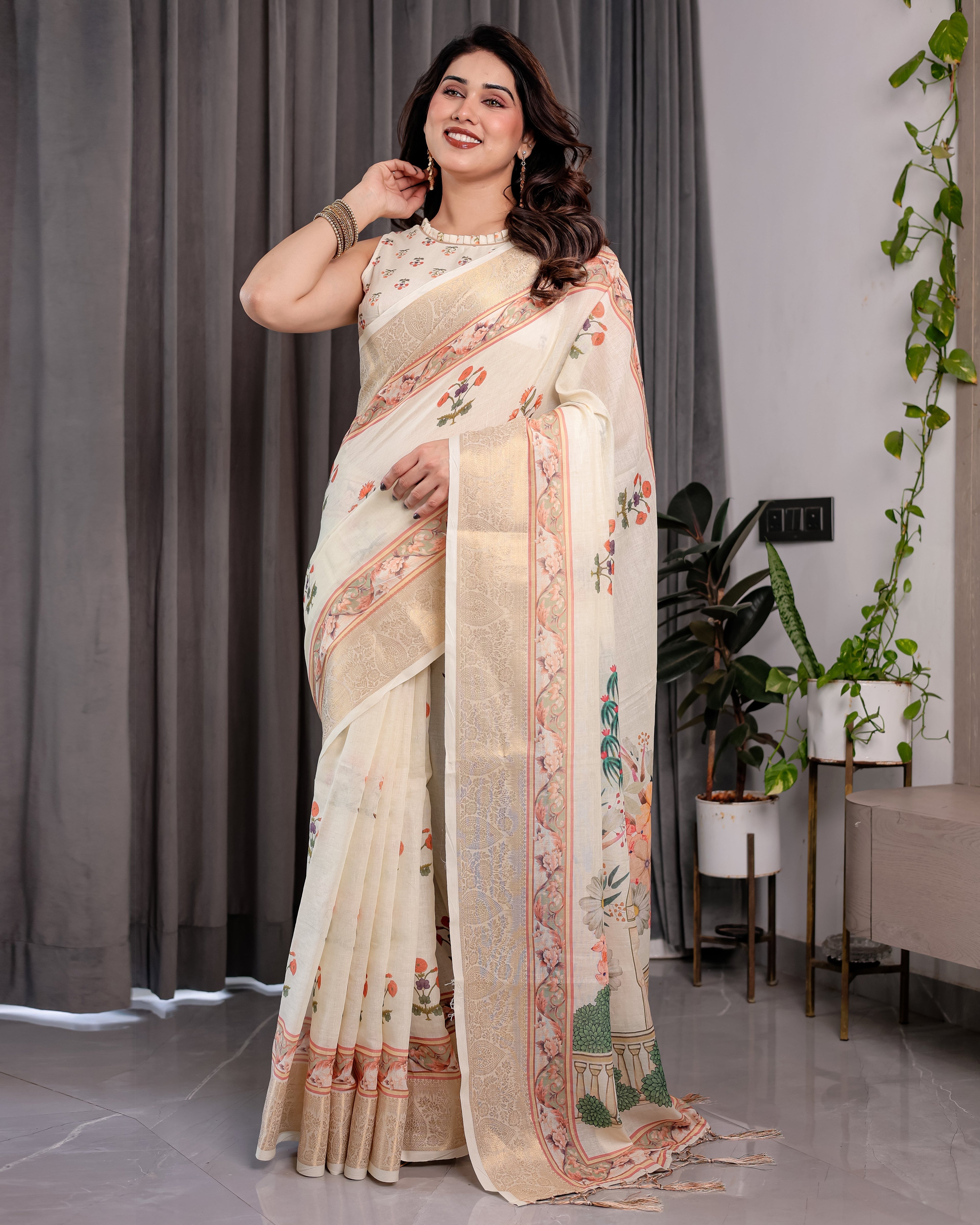 Ivory Cream Pure Handloom Linen Saree with Peach Floral Print & Zari Border | Artistic Garden Pallu & Tassels | 5.5m Saree + 0.8m Blouse