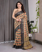 Beige Handloom Linen Saree with Red-Blue Floral Buttas & Ethnic Pallu | Antique Black Zari Border & Tassels | Attached Blouse | 5.5m Saree + 0.8m Blouse