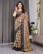 Beige Handloom Linen Saree with Red-Blue Floral Buttas & Ethnic Pallu | Antique Black Zari Border & Tassels | Attached Blouse | 5.5m Saree + 0.8m Blouse