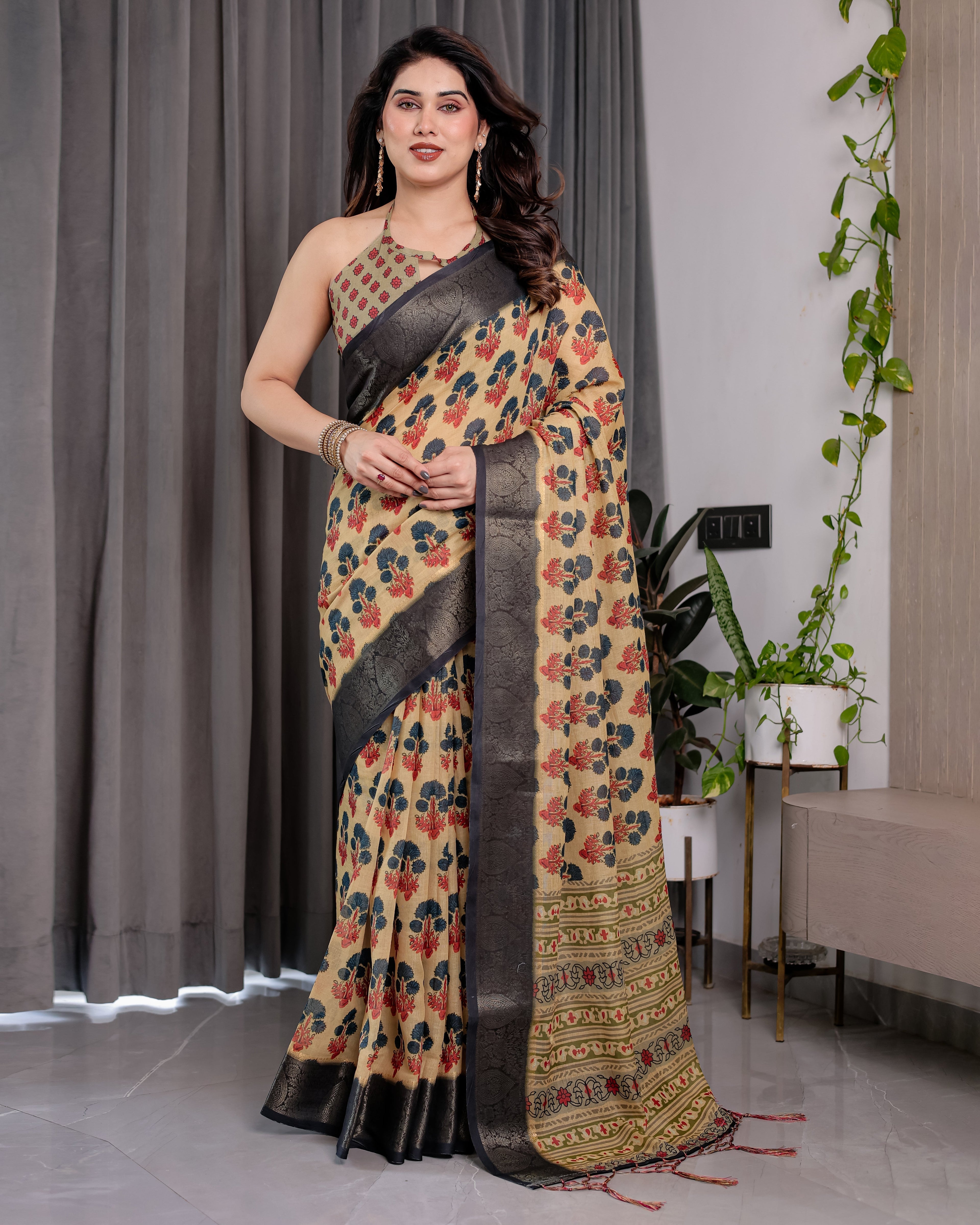 Beige Handloom Linen Saree with Red-Blue Floral Buttas & Ethnic Pallu | Antique Black Zari Border & Tassels | Attached Blouse | 5.5m Saree + 0.8m Blouse