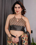 Beige Handloom Linen Saree with Red-Blue Floral Buttas & Ethnic Pallu | Antique Black Zari Border & Tassels | Attached Blouse | 5.5m Saree + 0.8m Blouse