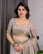 Crimson Pink & Teal Floral Handloom Linen Saree with Zari Border & Tassel Finish | 5.5m Saree + 0.8m Blouse
