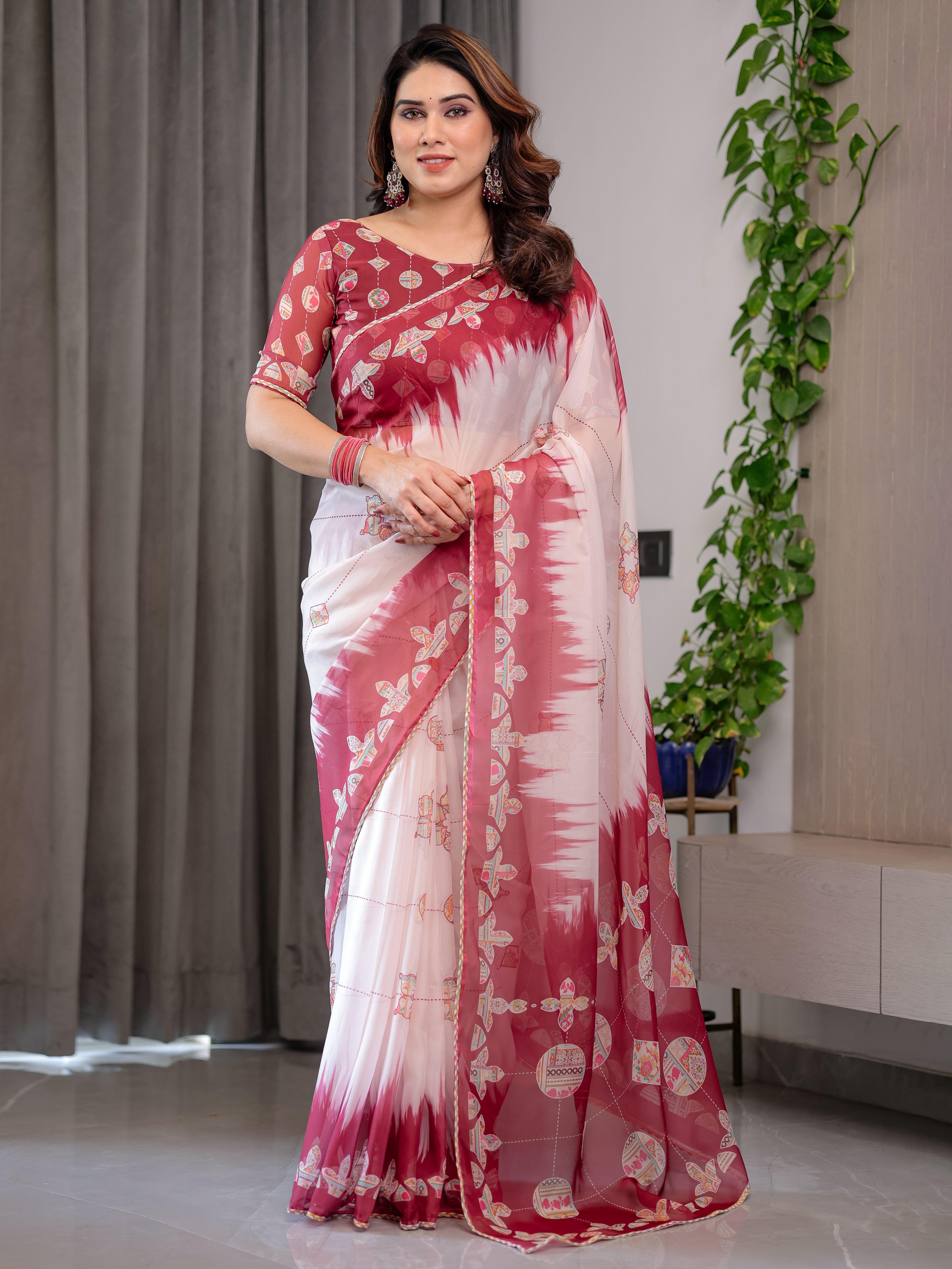 Elegant Wine Red & Ivory Printed Pure Organza Saree with Multicolor Lace Border and Artistic Motif Print | Designer Sheer Organza Saree with Attached Blouse | Festive & Occasion Wear