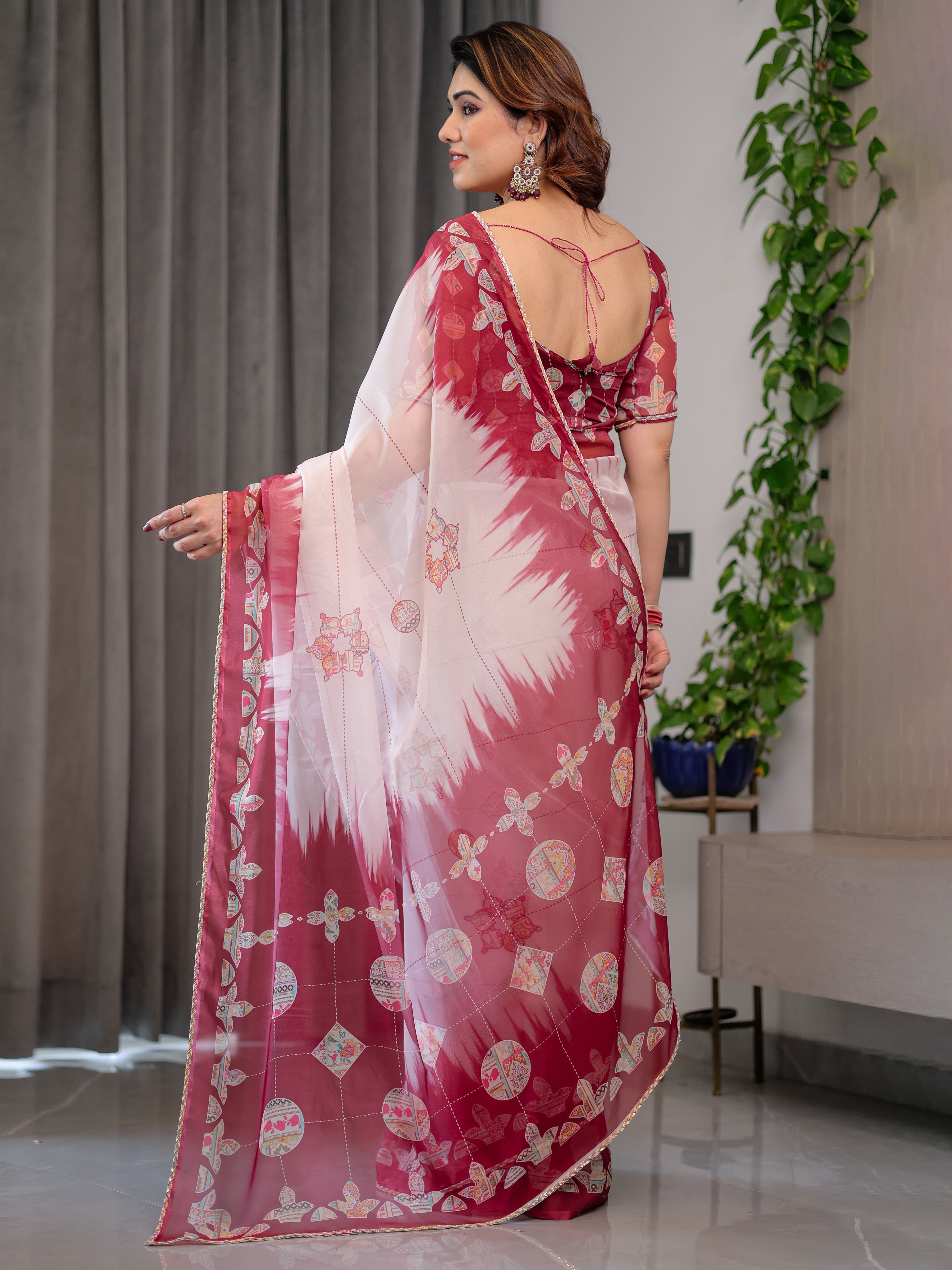 Elegant Wine Red & Ivory Printed Pure Organza Saree with Multicolor Lace Border and Artistic Motif Print | Designer Sheer Organza Saree with Attached Blouse | Festive & Occasion Wear