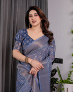 Dusty Blue Pure Handloom Linen Saree with All-Over Floral Vine Print & Zari Border | Geometric Pallu & Tassels | 5.5m Saree + 0.8m Blouse