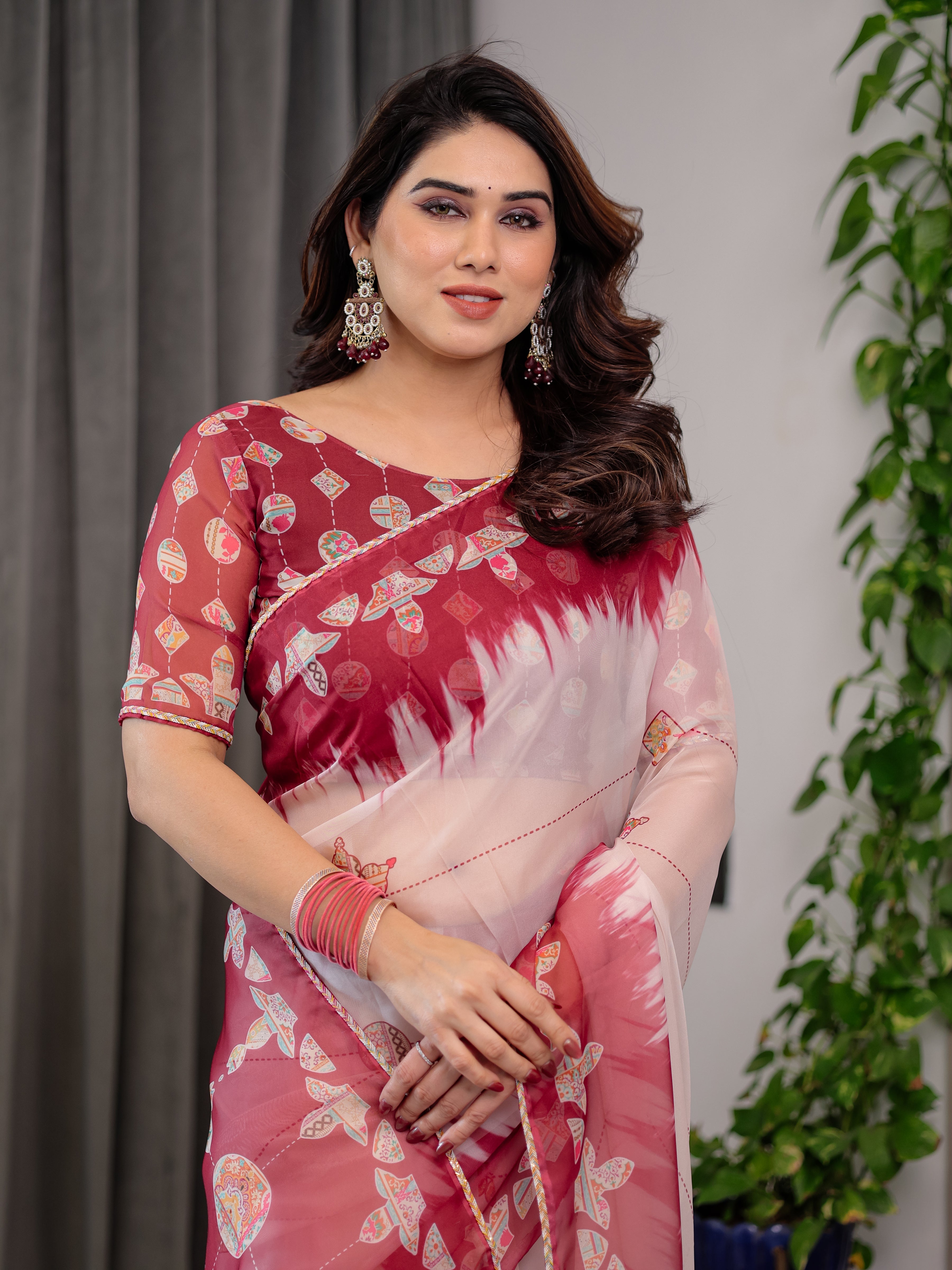 Elegant Wine Red & Ivory Printed Pure Organza Saree with Multicolor Lace Border and Artistic Motif Print | Designer Sheer Organza Saree with Attached Blouse | Festive & Occasion Wear