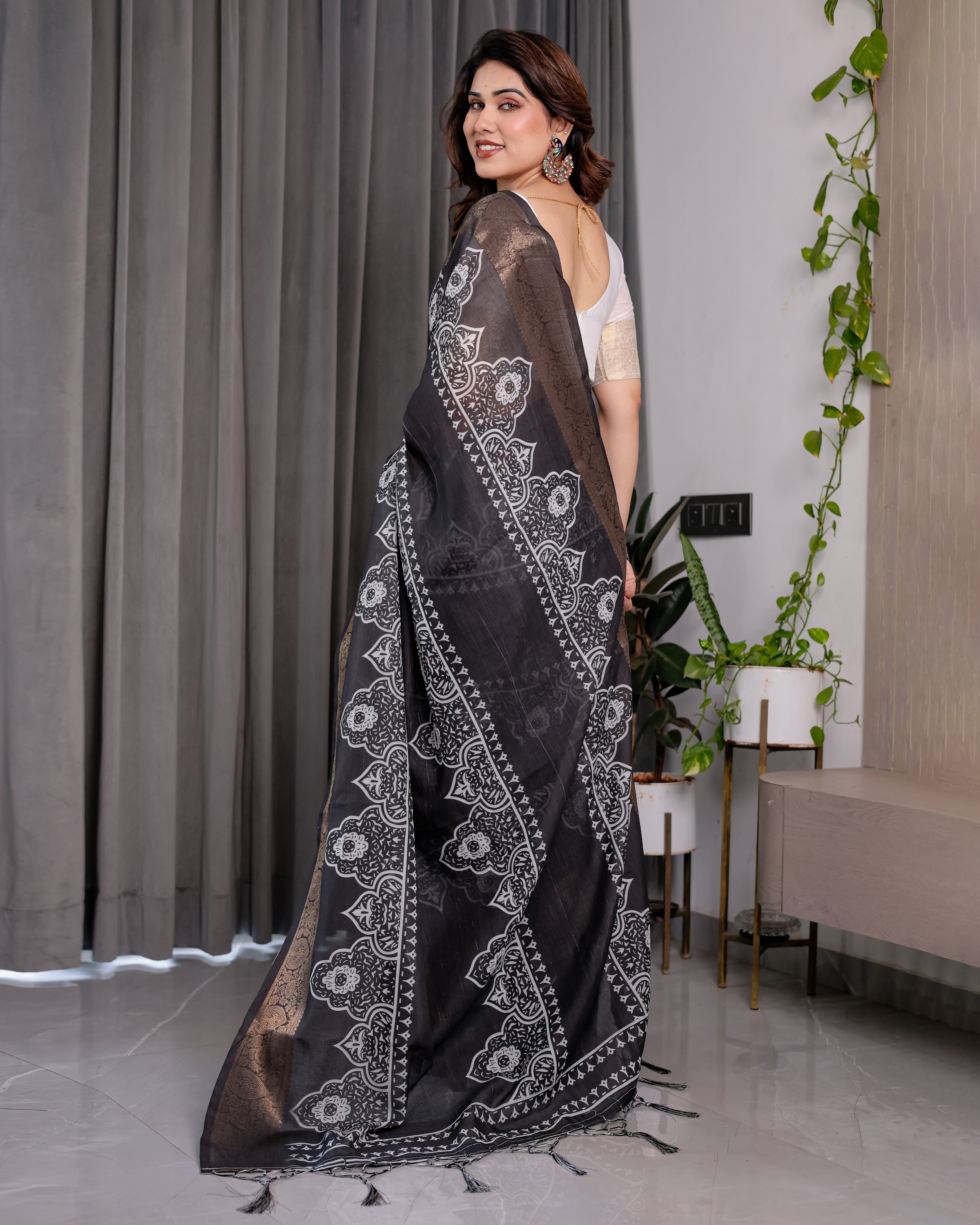 Black Handloom Linen Saree with White Floral Mandala Print, Zari Border & Tassel Pallu | 5.5m Saree + 0.8m Blouse