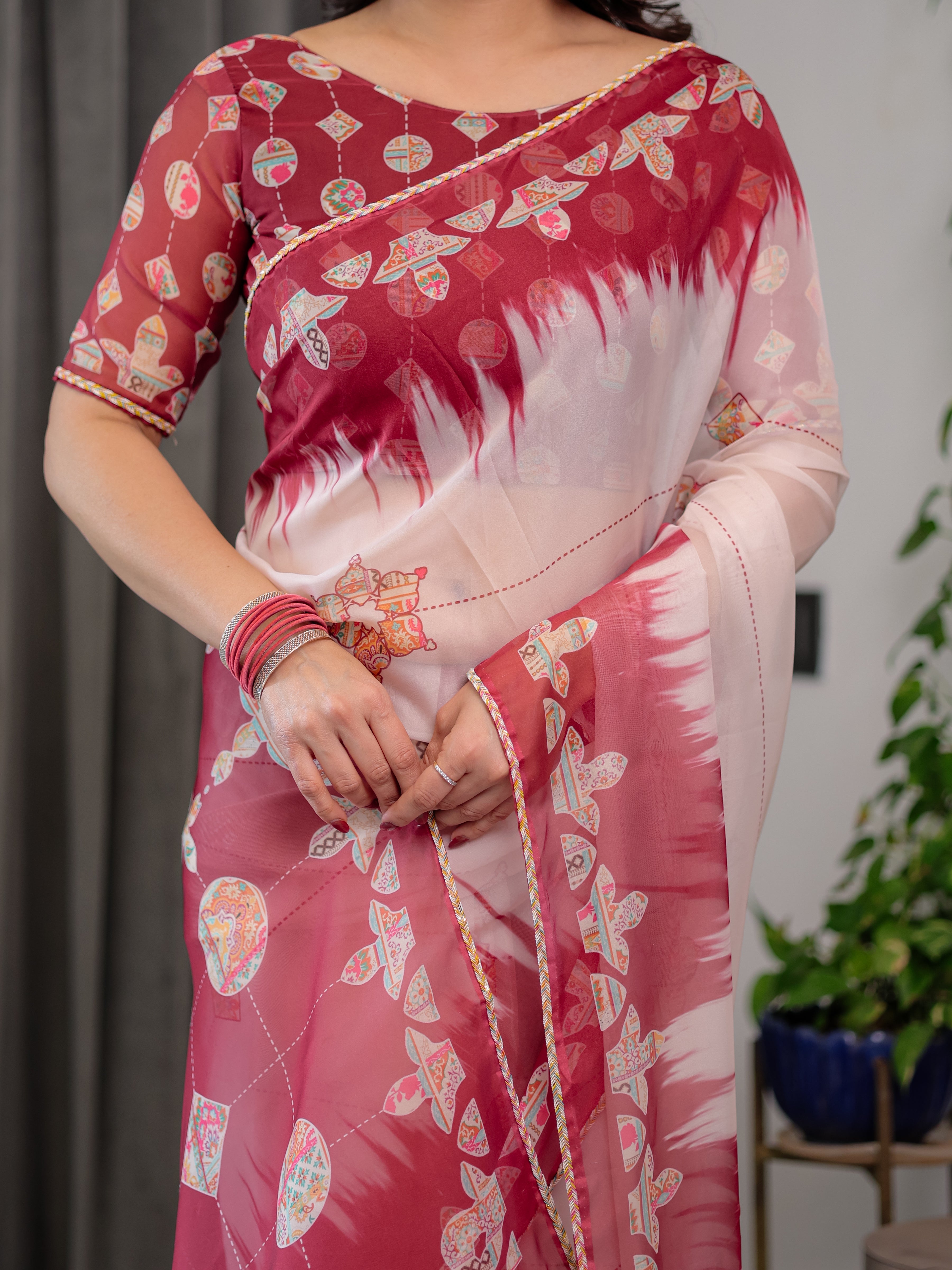 Elegant Wine Red & Ivory Printed Pure Organza Saree with Multicolor Lace Border and Artistic Motif Print | Designer Sheer Organza Saree with Attached Blouse | Festive & Occasion Wear